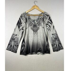 One World Women's Gray Black Print Long Sleeve Top Tunic Size S